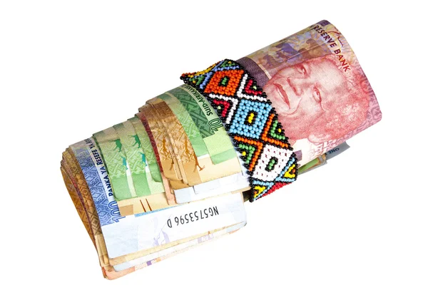 Roll of South African Banknotes Secured with Zulu Beads — Stock Photo, Image