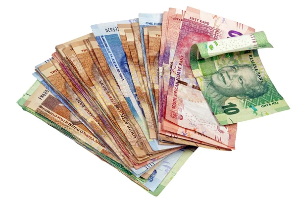 Notas de Rand sul-africanas isoladas espalhadas em branco — Fotografia de Stock