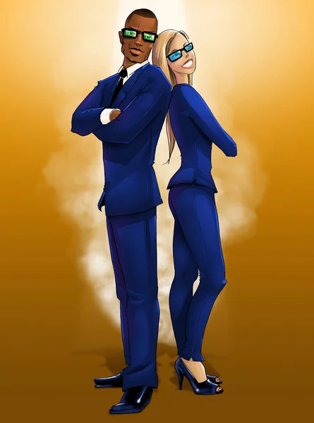 Hommes et femmes élégamment vêtus d'agents secrets bleus Photo De Stock