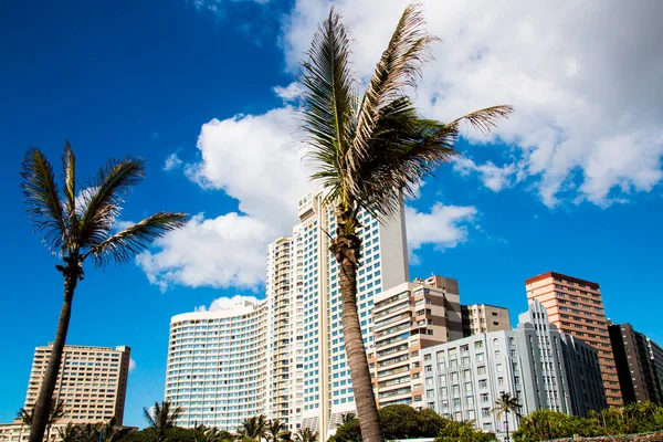 Edificios Altos Frente Playa Palmeras Contra Cielo Nublado Azul Profundo —  Fotos de Stock