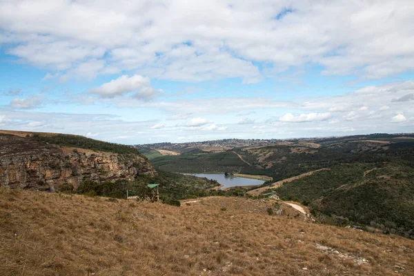 Människan Gjorde Dammen Dalen Tittar Ner Från Bergstoppen — Stockfoto