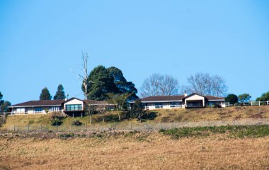 Tepedeki iki ev mavi gökyüzüne karşı