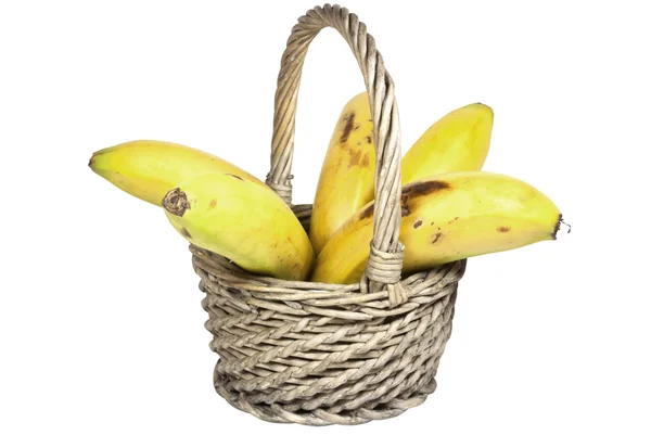 Five Ripe Bananas in a Woven Wicker Basket — Stock Photo, Image