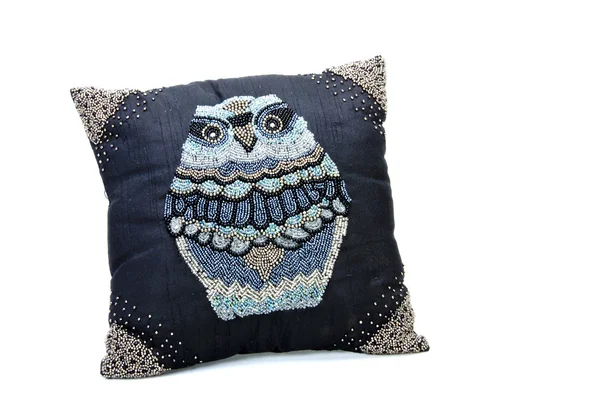 Scatter Cushion Embroided with Large Beaded Owl — Stock Photo, Image