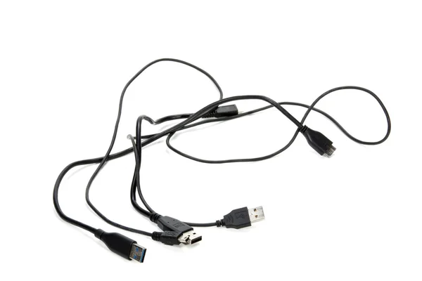 Drie geïsoleerde zwarte verweven USB-kabels op wit — Stockfoto