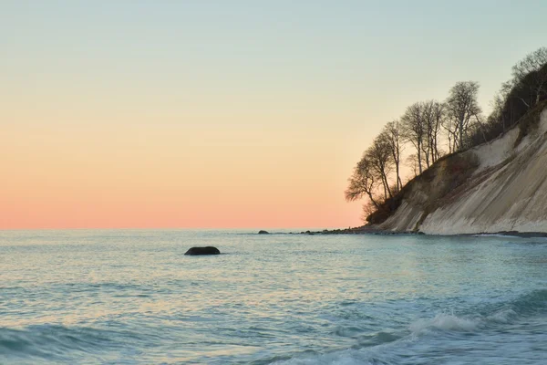 Romantic morning. Bended tree above sea level,  boulders sticking out from smooth waves. Pink horizon