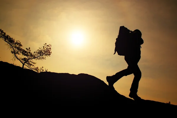 Turista con mochila deportiva y postes en las manos de pie en el acantilado y mirando en profundo valle brumoso a continuación. Soleado primavera da — Foto de Stock
