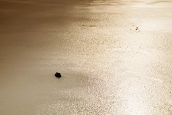 Тріщини і діра в льоду на ставку, темний лід в дірі і камінь навколо . — стокове фото