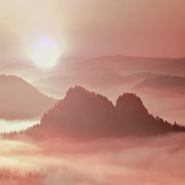 Fantastický pohádkový svítání nad vrcholky kouřové hory s výhledem do mlhavé údolí — Stock fotografie