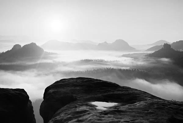 Fantastique lever de soleil sur le sommet de la montagne rocheuse avec vue sur la vallée brumeuse. Noir et blanc — Photo