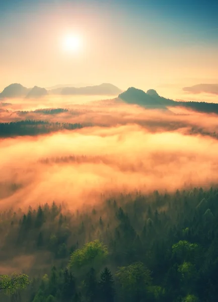 Fantástico amanecer de ensueño sobre el valle profundo ocultaba las montañas rocosas — Foto de Stock