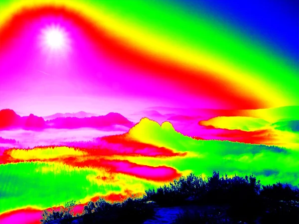 Amazing thermography photo of hilly landscape. Autumn sunset above long deep valley with forest. — Stock Photo, Image