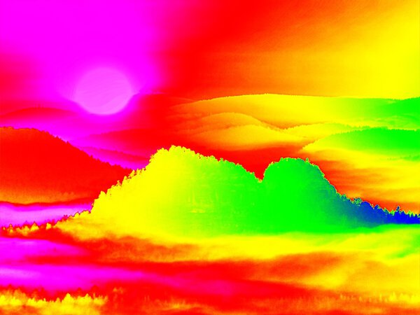 Amazing thermography photo of hilly landscape. Autumn sunset above long deep valley with forest.