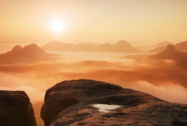 Fantastische dromerige zonsopgang op de bovenkant van de rotsachtige berg met de weergave in mistige vallei — Stockfoto