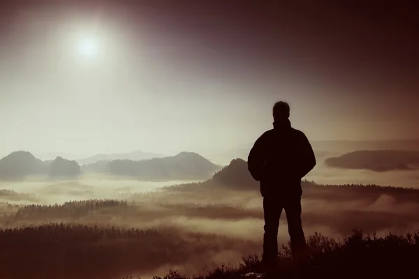 Vackra ögonblick mirakel av naturen. Man står på toppen av sandsten vaggar i nationalparken Sachsen Schweiz och titta över dalen disigt och dimmigt morning Sun. — Stockfoto