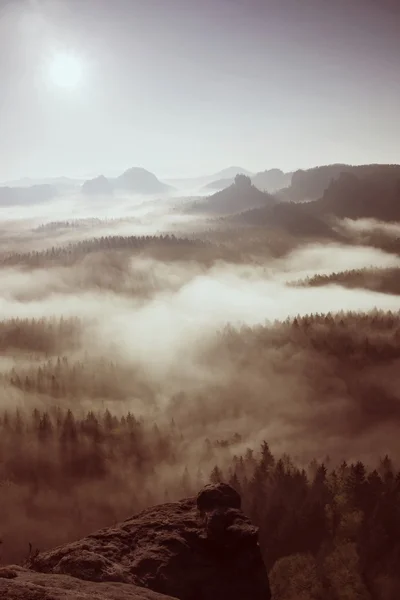 Fantástico amanecer de ensueño sobre el valle profundo ocultaba las montañas rocosas —  Fotos de Stock