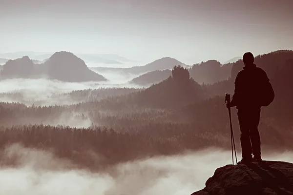 Dark silhouette of hiker with poles in hand. Sunny spring daybreak in rocky mountains. Hiker with sporty backpack stand on rocky peak  above valley. — Stock Photo, Image