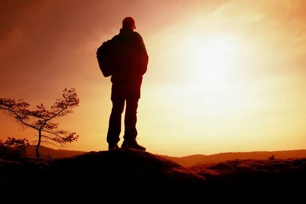 Touristin mit sportlichem Rucksack auf Klippe und Blick in die Sonne. sonniger Frühlingstag in den Bergen. — Stockfoto