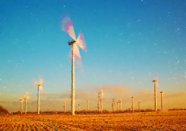 Эффект акварельной краски. Ветряные турбины производят энергию в солнечное весеннее утро. Эффект тонированного винтажного стиля — стоковое фото