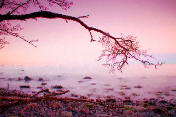 Watercolor paint effect. Bended tree above sea level,  boulders sticking out from smooth waves. Pink horizon — Stock Photo, Image