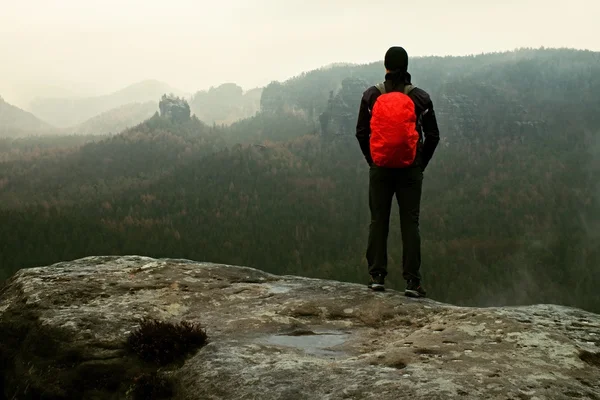 Wanderer mit rotem Rucksack auf scharfem Sandsteinfelsen im Felsenimperium Park und wacht über das neblig-neblige Quelltal — Stockfoto