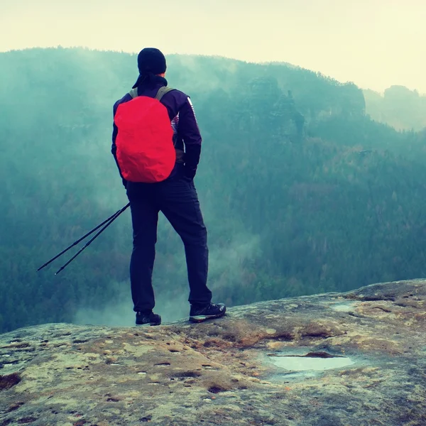 ロック帝国公園と霧と霧のスプリング バレーを見て鋭い砂岩の岩の上の赤いバックパックでハイカー — ストック写真
