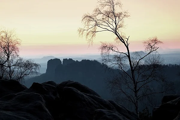 Derin puslu Vadisi günbatımı içinde. Kumtaşı görünümü poin sisli ve puslu andan — Stok fotoğraf