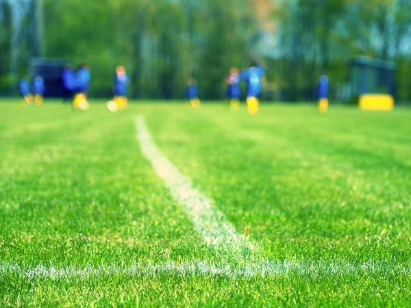 Vue rapprochée des lignes blanches sur le terrain de football. Détail d'un croisement de lignes dans un terrain de soccer . — Photo