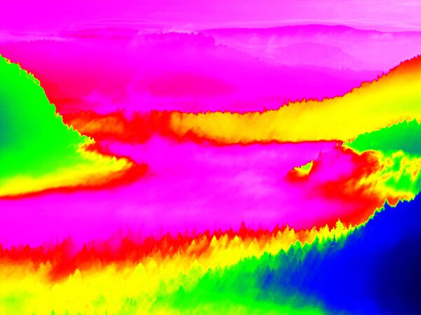 Amazing thermography photo of hilly landscape. Colorful sunset above