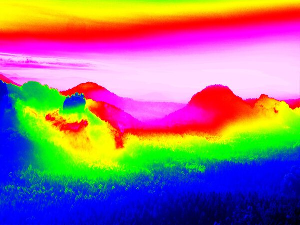 Amazing thermography photo of hilly landscape. Colorful sunset above