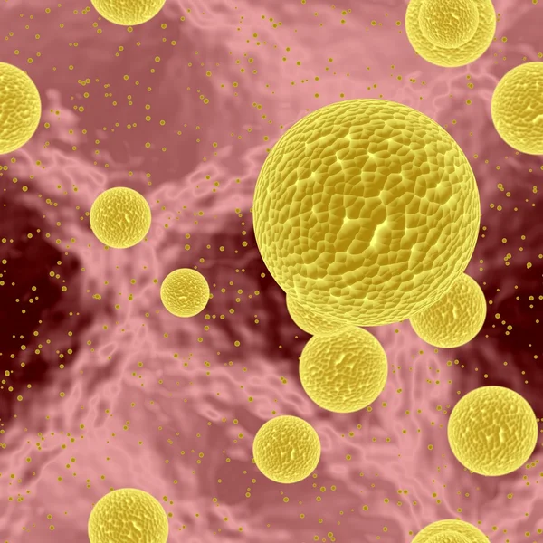 Dangerous  yellow bacterias or virus spheres in light blood — Stock Photo, Image