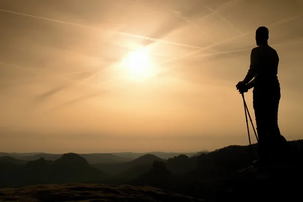 Silhouette de touriste avec poteaux à la main. Printemps ensoleillé — Photo