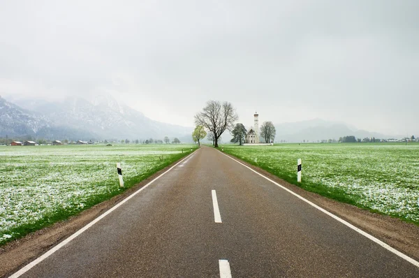 Straight  asphalt way between meadows. April weather. Wet snow in grass — Stock Photo, Image