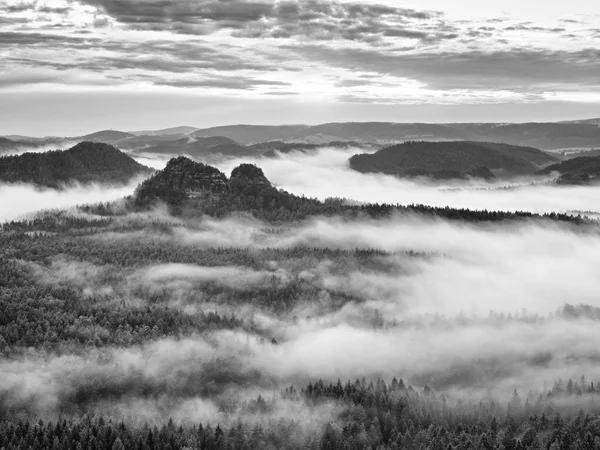 Туманное утро после сильного дождя в дымных горах — стоковое фото