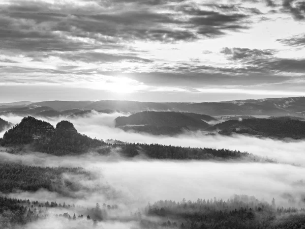 Dimmig morgon efter regn i rökiga bergen — Stockfoto