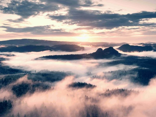 Scharfe Gipfel aus rosafarbenem Nebel im Langental — Stockfoto