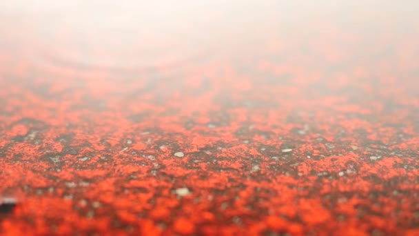 Llueve en pista de carreras en el estadio del campus. Agua en el suelo. Textura roja del hipódromo bajo el nivel del agua del espejo, caucho rojo en el estadio al aire libre . — Vídeo de stock