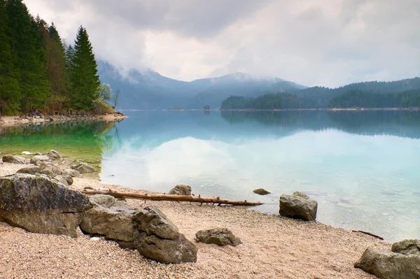 日没前に山の湖。古い木水に落ちた. — ストック写真