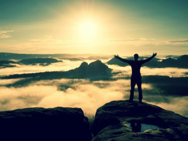 Mutlu bir adam jest zafer ile eller havaya. Tepe üzerinde komik fiyatı