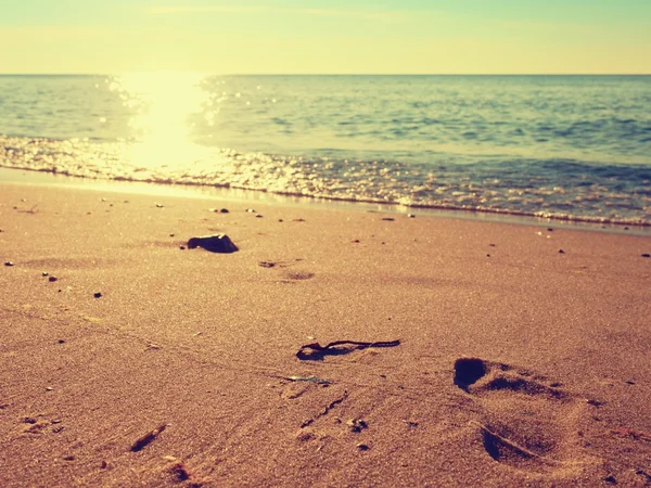Pegadas na areia da praia. Vestígios na praia por mar liso — Fotografia de Stock