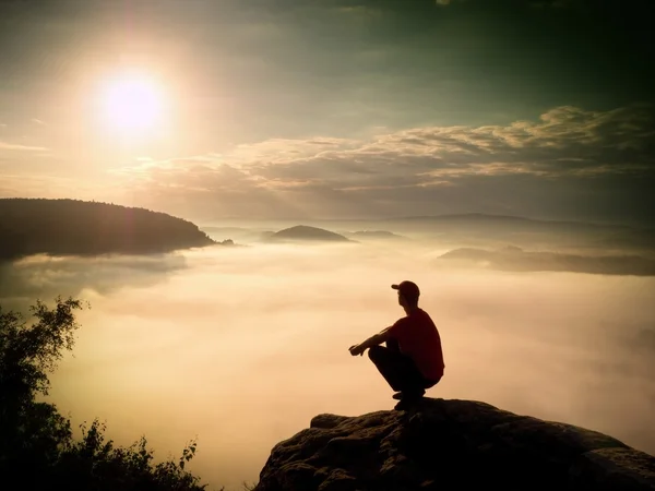 Man tourist  sit on rock empire. View point with heather and branches  above misty valley. Sunny daybreak in rocky mountains. — Stock Photo, Image