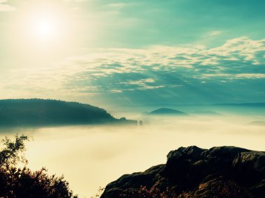 Yaz sonunda derin puslu Vadisi yukarıda maruz kumtaşı cliff. Rüya gibi ruh hali