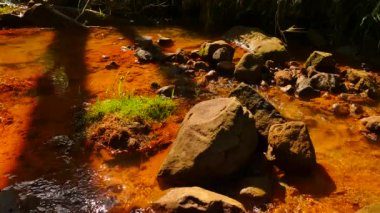 Akış su kırmızı ferrik çökeller tam. Cascade'lerde stream, yosunlu kayalar ve korkunç koku kırmızı çamur. Kabarcık gaz, fern ve ot sapı. Müstehcen imha çevre ve doğa