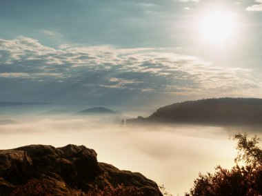 Yaz sonunda derin puslu Vadisi yukarıda maruz kumtaşı cliff. Rüya gibi ruh hali