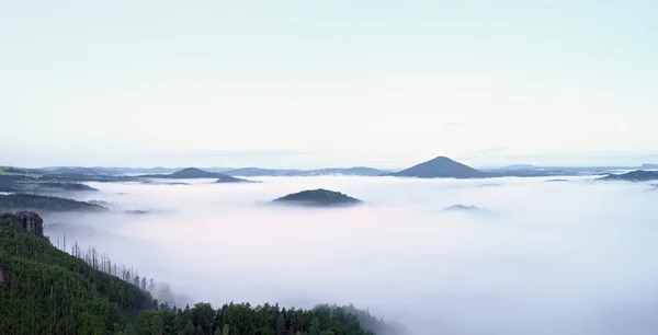 Magnificent heavy mist in landscape. Autumn creamy fog in countryside. Hill increased from fog, — Stock Photo, Image