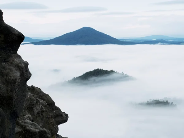 Paisaje brumoso de primavera. Temprano en la mañana en hermosas montañas. Los picos de las colinas aumentaron de la niebla cremosa pesada . —  Fotos de Stock