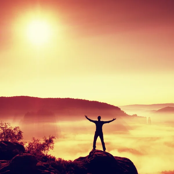 Happy man gesture raised arms. Funny hiker with raised hands in the air on rock edge in national park. Vivid and strong vignetting effect. — Stock Photo, Image