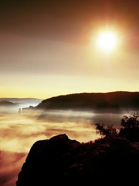 Picos de montaña aumentados de la niebla colorida en el valle, amanecer de otoño — Foto de Stock