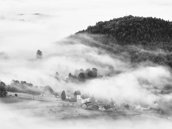 Niebla pesada en el paisaje. Magnífica niebla cremosa de otoño — Foto de Stock