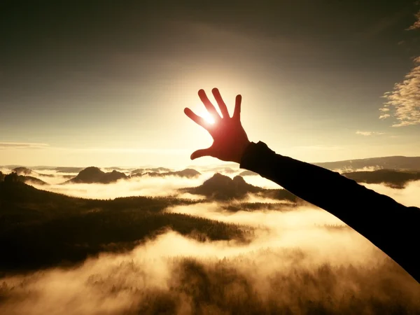 Man hand touch Sun. Misty daybreak in a beautiful hills. Hilly landscape in fog — Stock Photo, Image